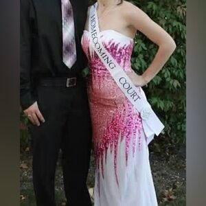 White and Pink Sequinned Strapless Pageant Gown
